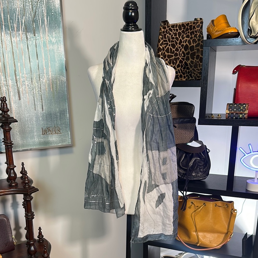 Vintage Silk Gray Abstract Scarf Wrap with Metallic Details
